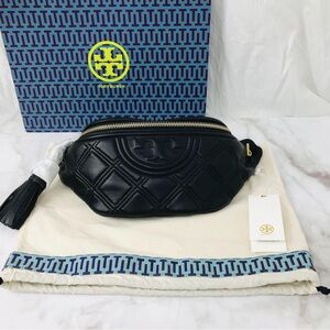 Tory Burch Black Quilted Belt Bag with Gold Details